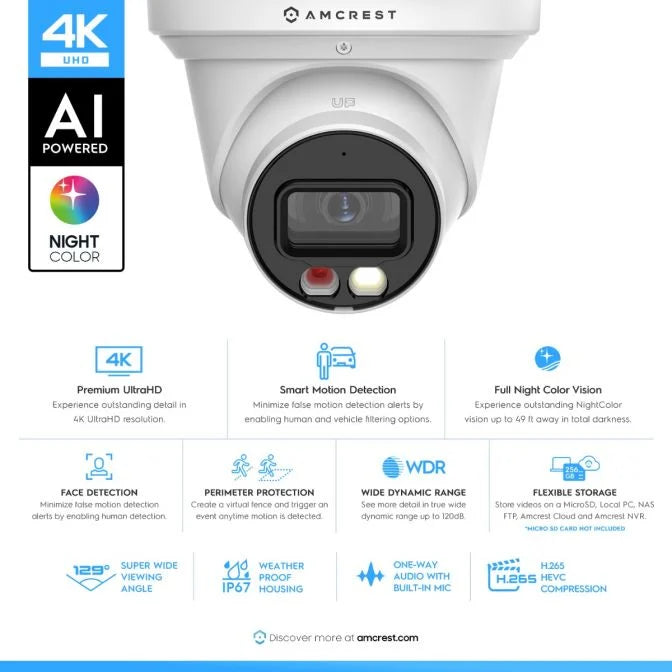 Amcrest 4K Night Color PoE Turret Camera – 49 ft Color Night Vision, AI Detection, Built-In Mic (IP8M-2779EW-AI)