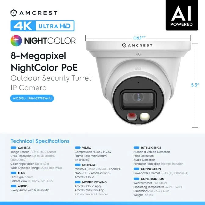 Amcrest 4K Night Color PoE Turret Camera – 49 ft Color Night Vision, AI Detection, Built-In Mic (IP8M-2779EW-AI)