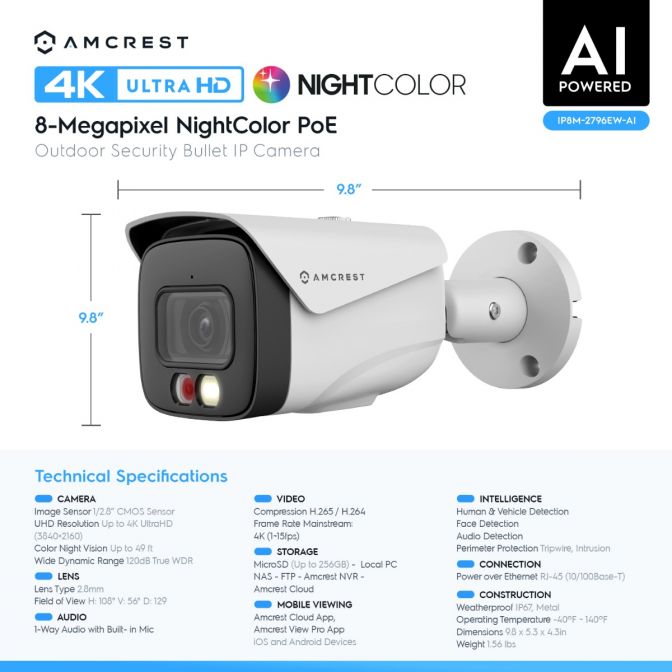 Amcrest 4K Color Night Vision PoE Bullet Camera – 129° FOV, AI Human & Vehicle Detection (IP8M-2796EW-AI)