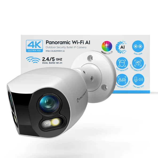 Amcrest 4K Dual-Lens Panoramic WiFi Camera – 180° View, Color Night Vision, AI Detection (IP8M-DLB2998W-AI)
